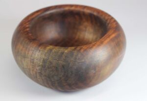 Part of Gratitude Series Woodturned, palm-sized gratitude bowl made from figured maple; 5"x2.25" with spirit stain & Tung oil finish