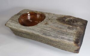 Part of Western Heritage Series Woodturned, decorative bowl made from historic cedar fencepost; 11"x3.25"; finished with Minwax
